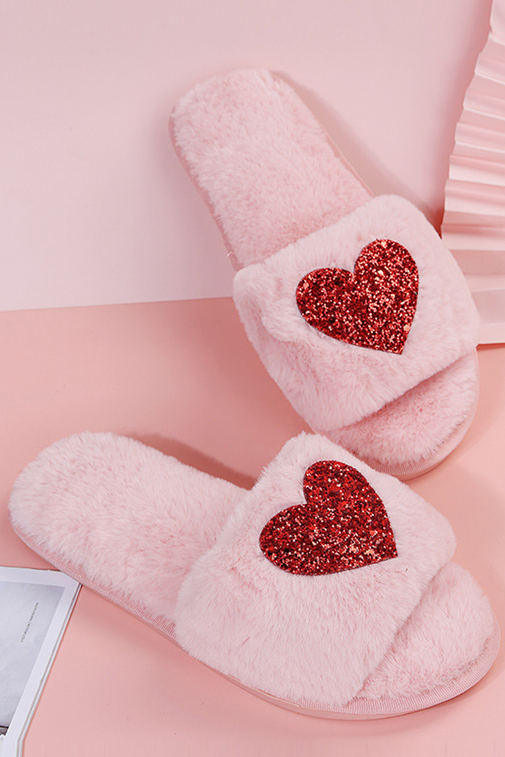 Pink Sequin Heart Shaped Slip On Plush Slippers - loveforevers