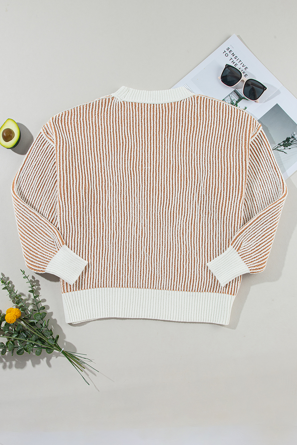 Bright Pink Striped Textured Knit Contrast Edge Loose Sweater - loveforevers