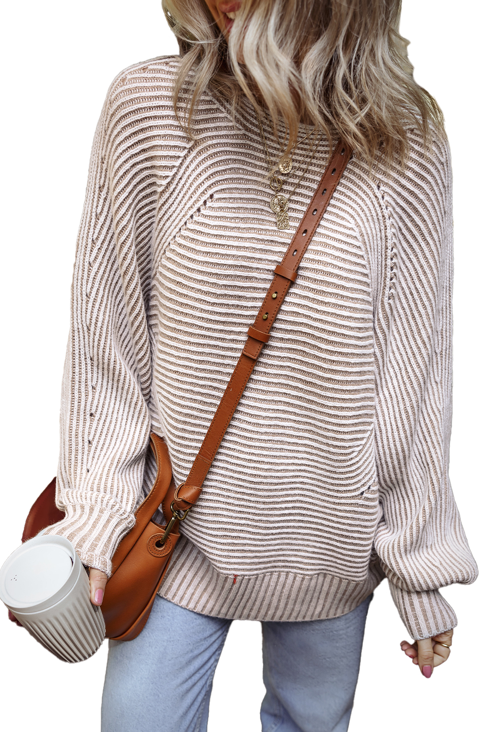Coffee Striped Print Ribbed Knit Boat Neck Baggy Sweater - loveforevers