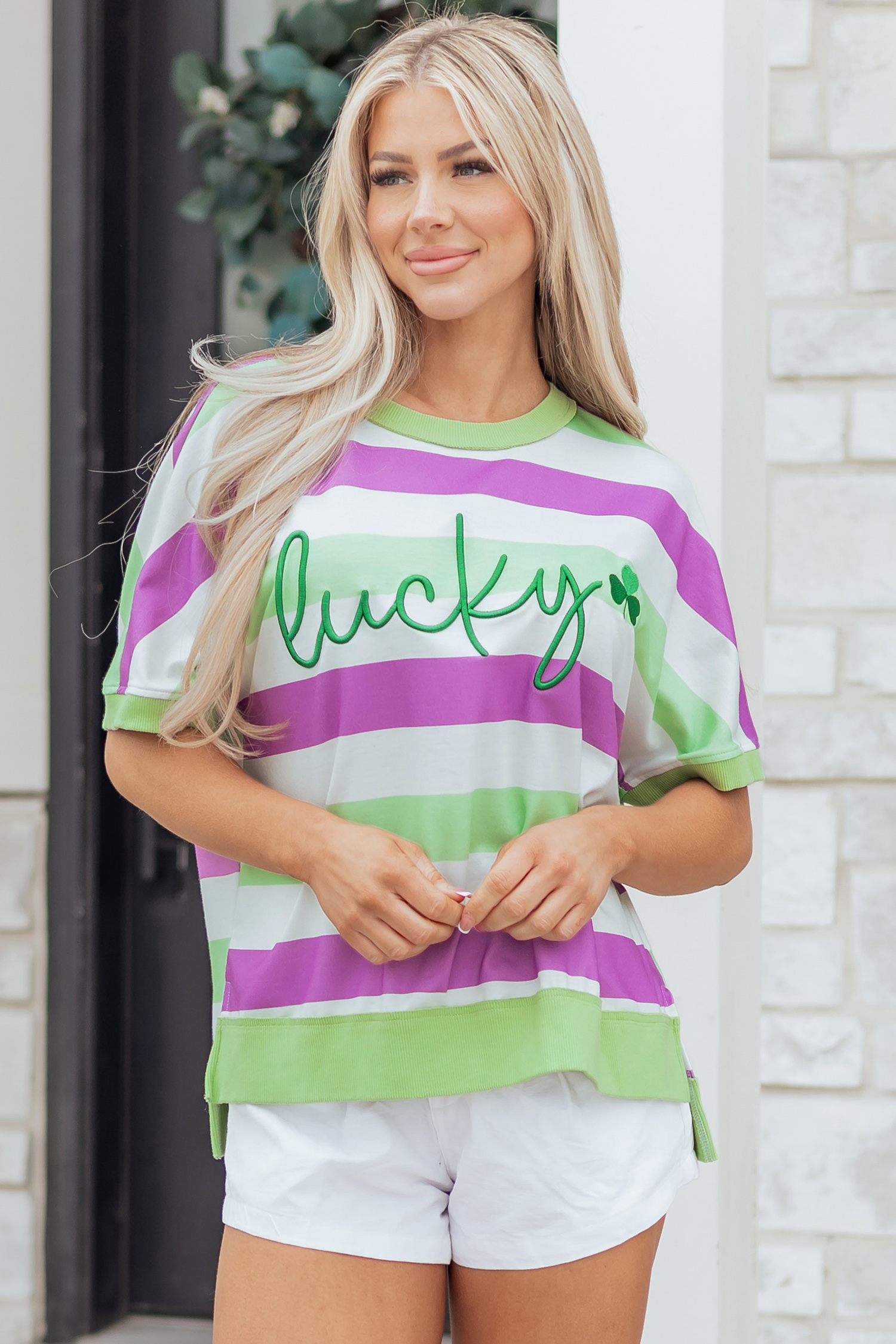 Green Stripe Lucky Clover Embroidered Graphic Dolman Loose Tee - loveforevers