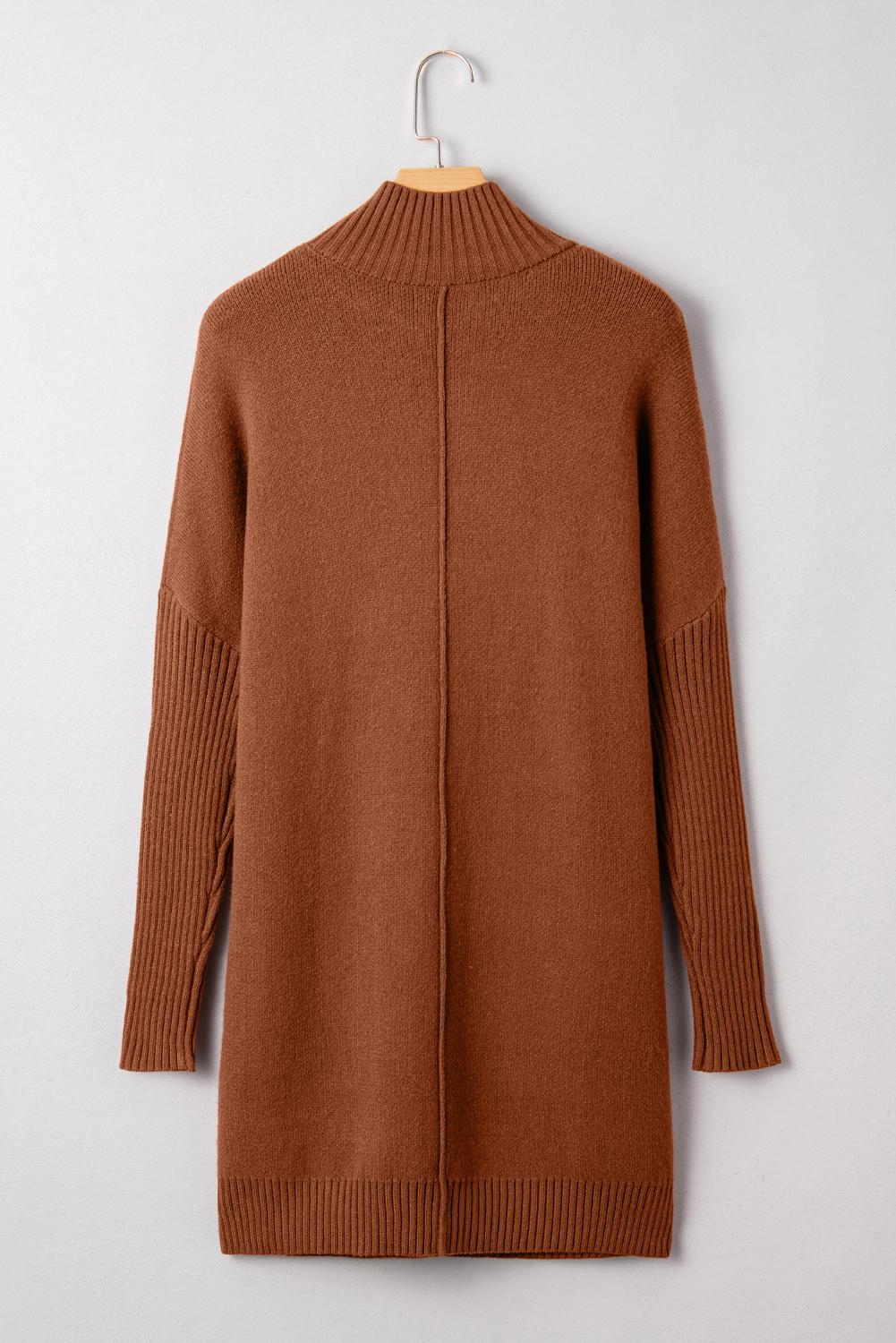 Fiery Red Ribbed High Neck Front Pockets Center Seam Shift Sweater Dress - loveforevers