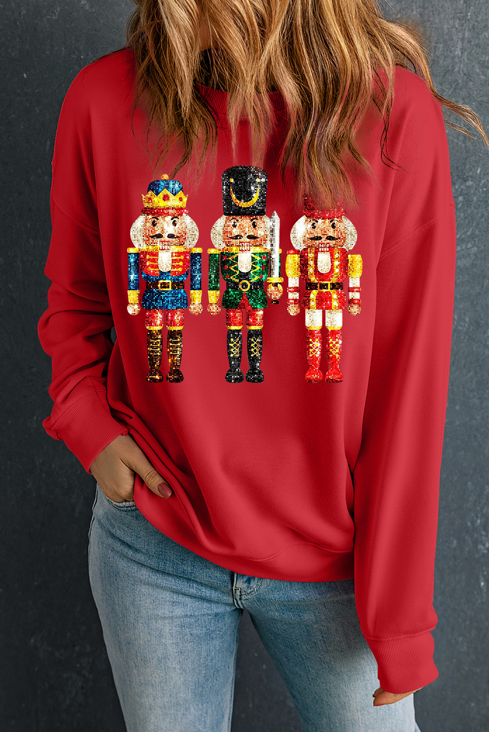 Red Christmas Metallic Nutcracker Graphic Crew Neck Sweatshirt - loveforevers