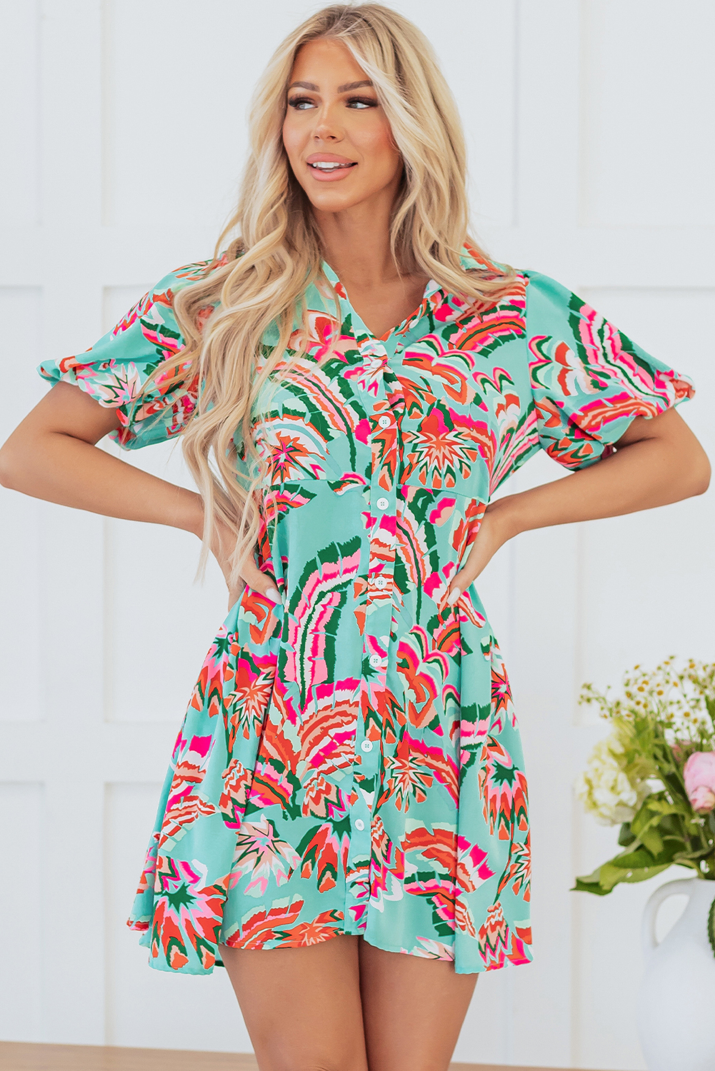 Green Abstract Print Lace-up High Waist Buttoned Mini Dress - loveforevers
