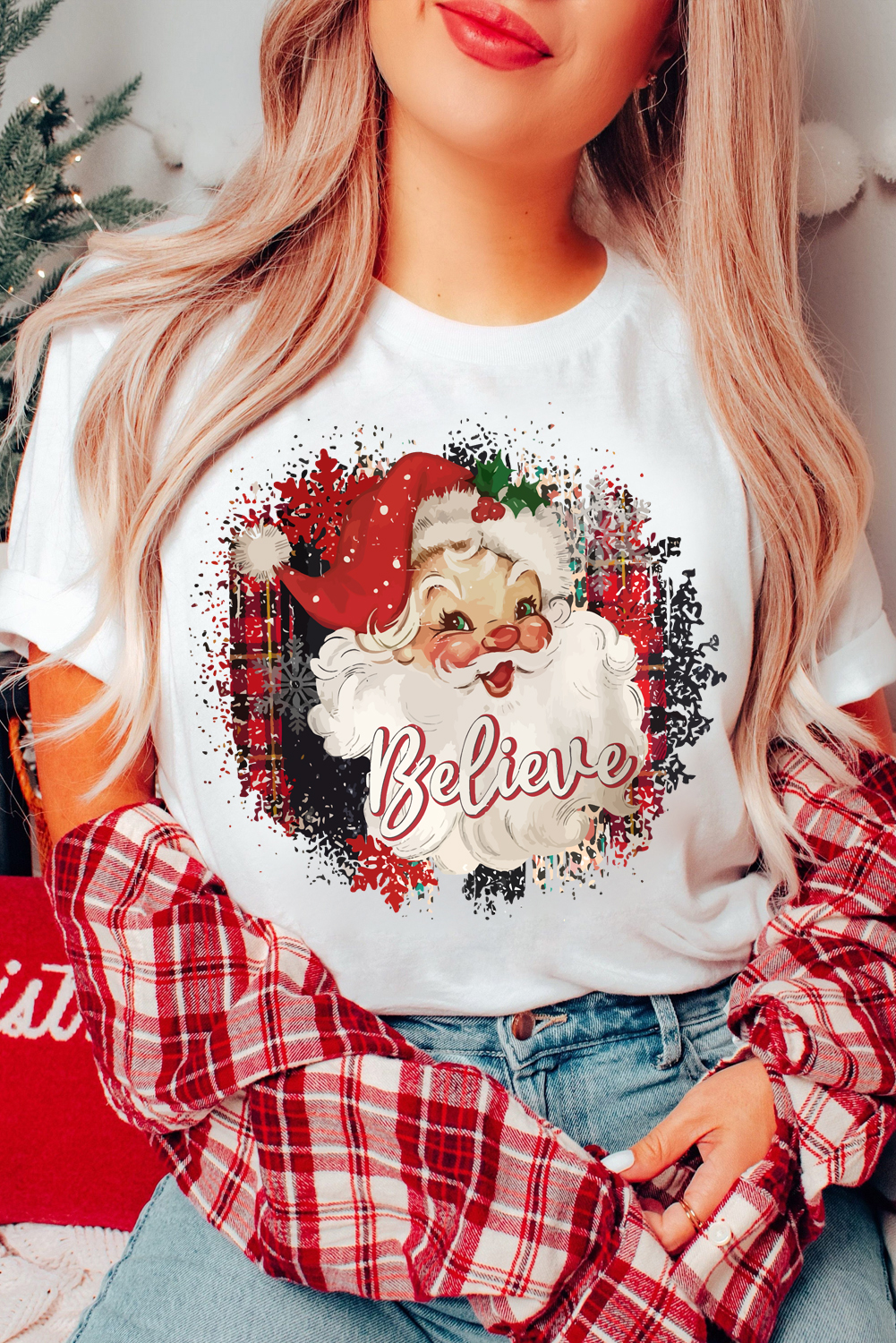 White Believe Christmas Father Graphic Crewneck T Shirt - loveforevers