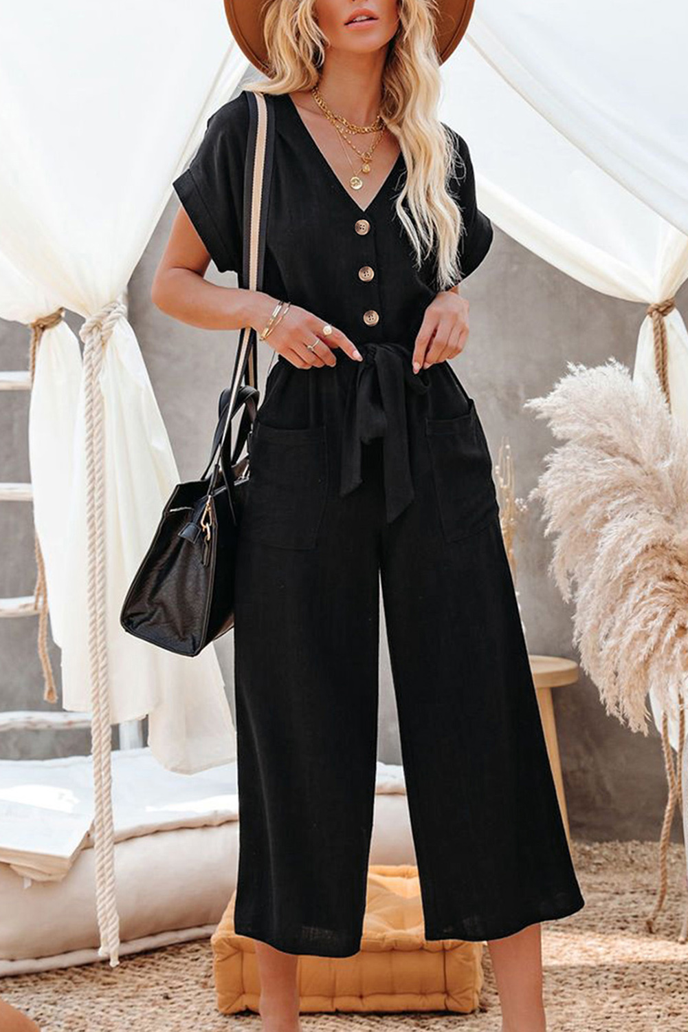 Black Dolman Button Belted V Neck Wide Leg Pocketed Jumpsuit - loveforevers