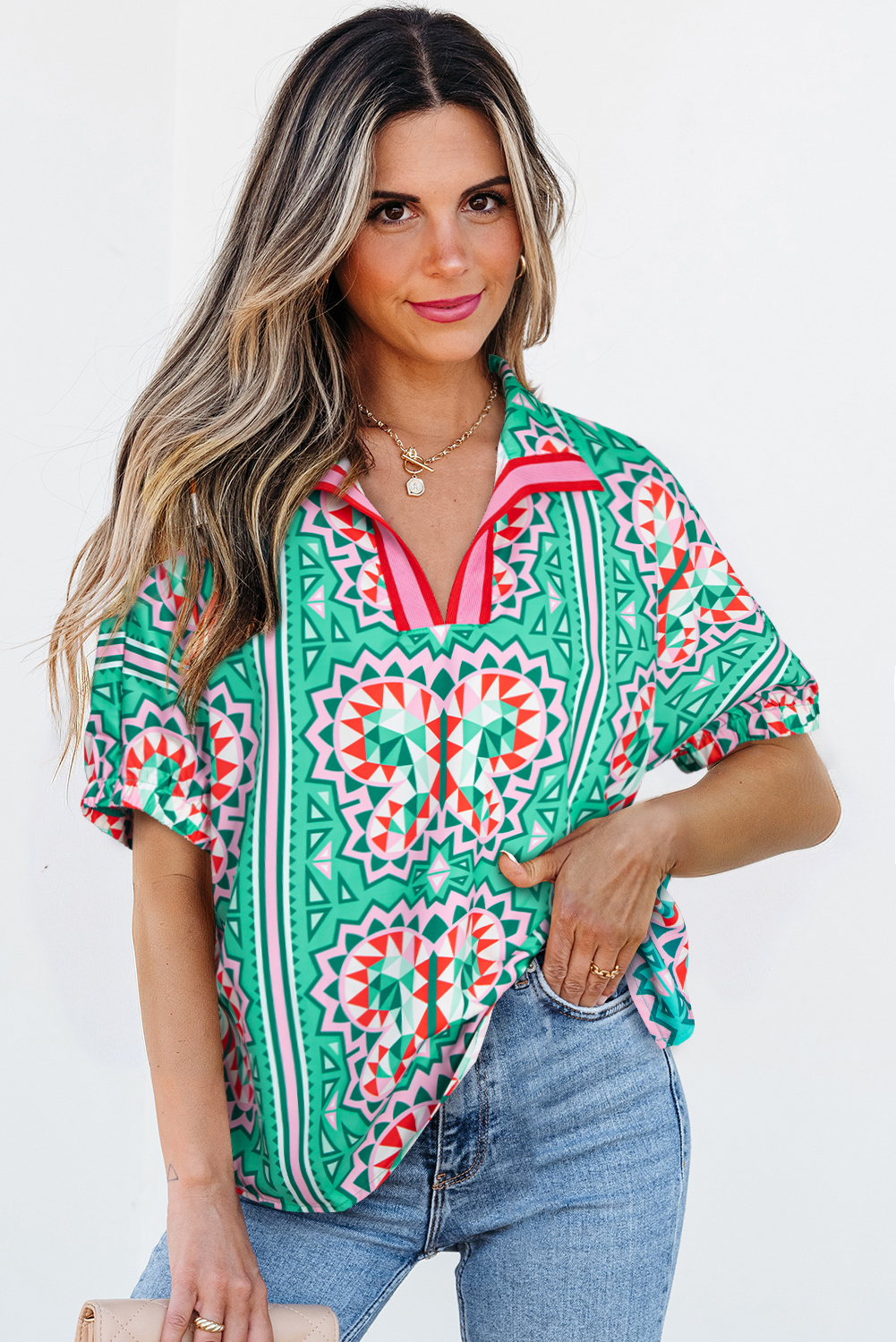 Sea Green Boho Abstract Print Contrast Striped Collared V Neck Blouse - loveforevers