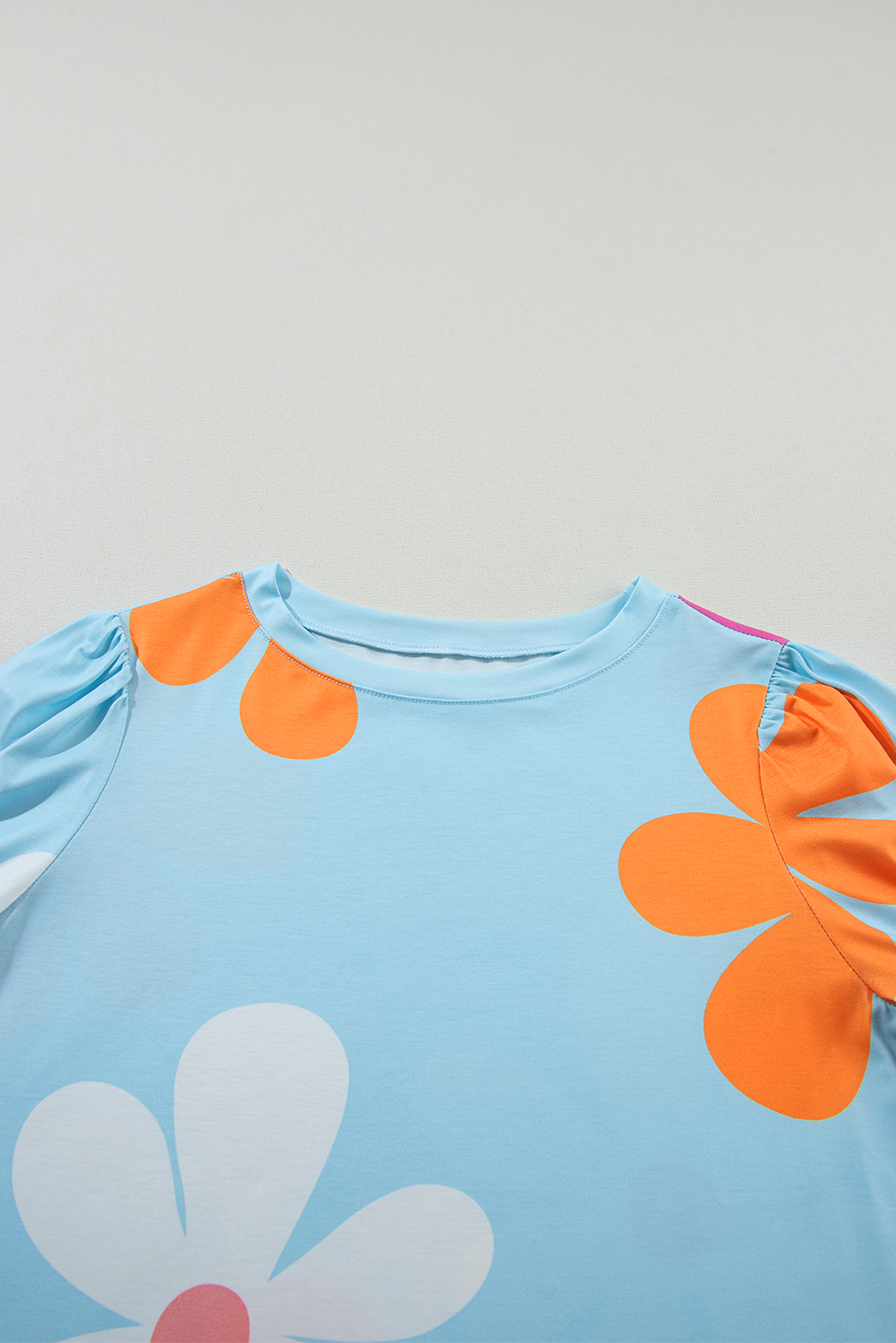 Sky Blue Flower Print Bubble Sleeve Tee - loveforevers