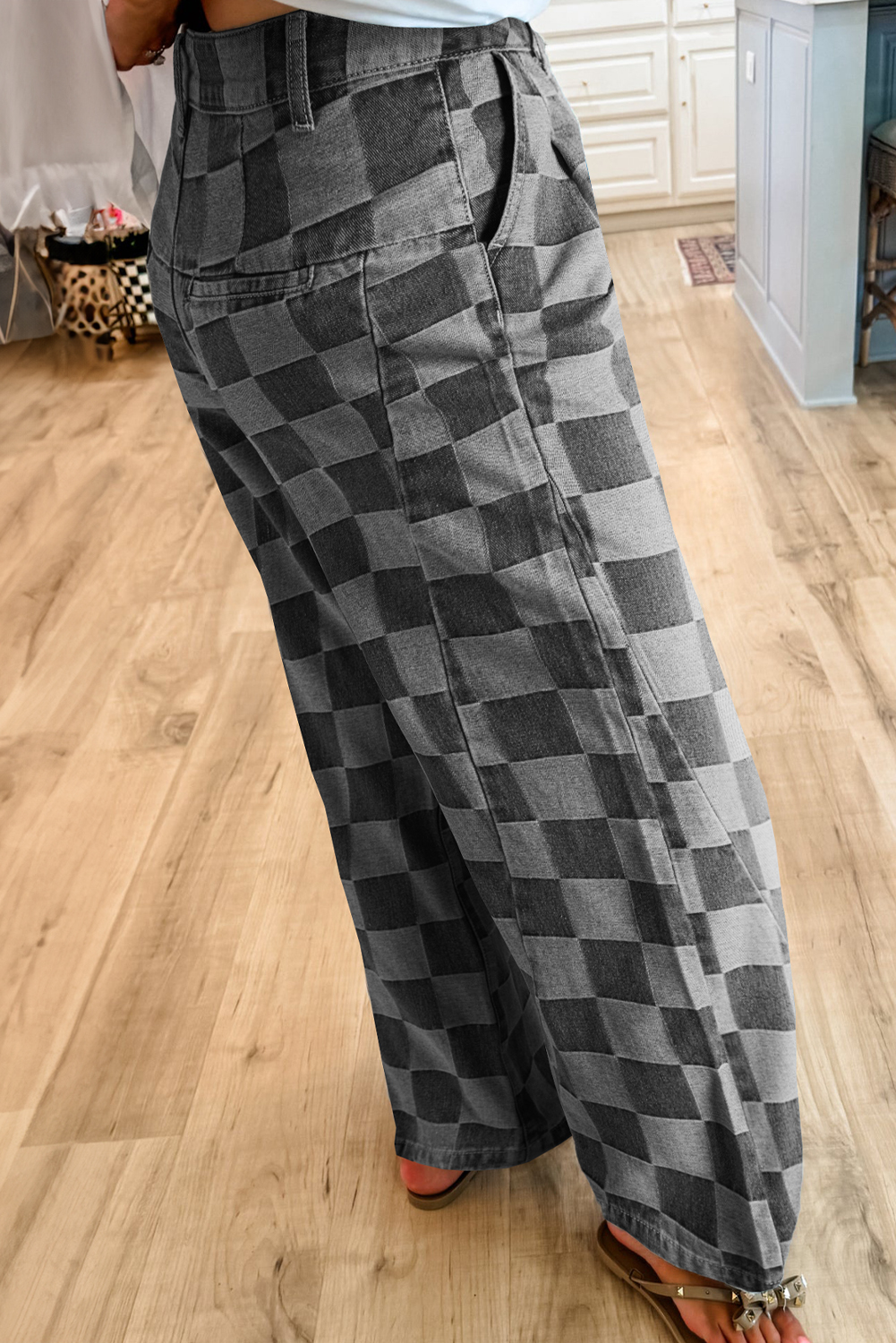 Dark Grey Checkered Denim Wide Leg Jeans - loveforevers