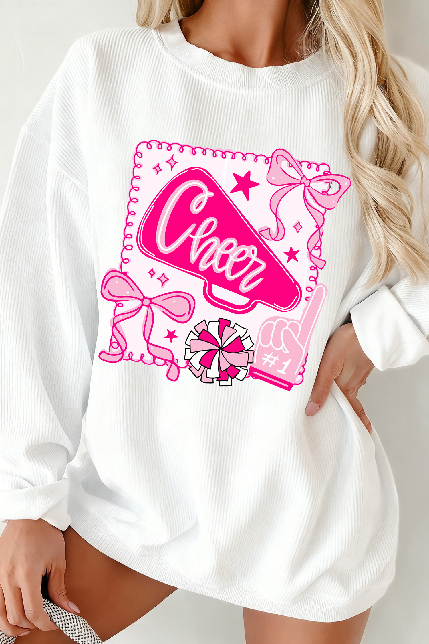 White 3D Ribbed Coquette Cheer Game Day Sweatshirt - loveforevers