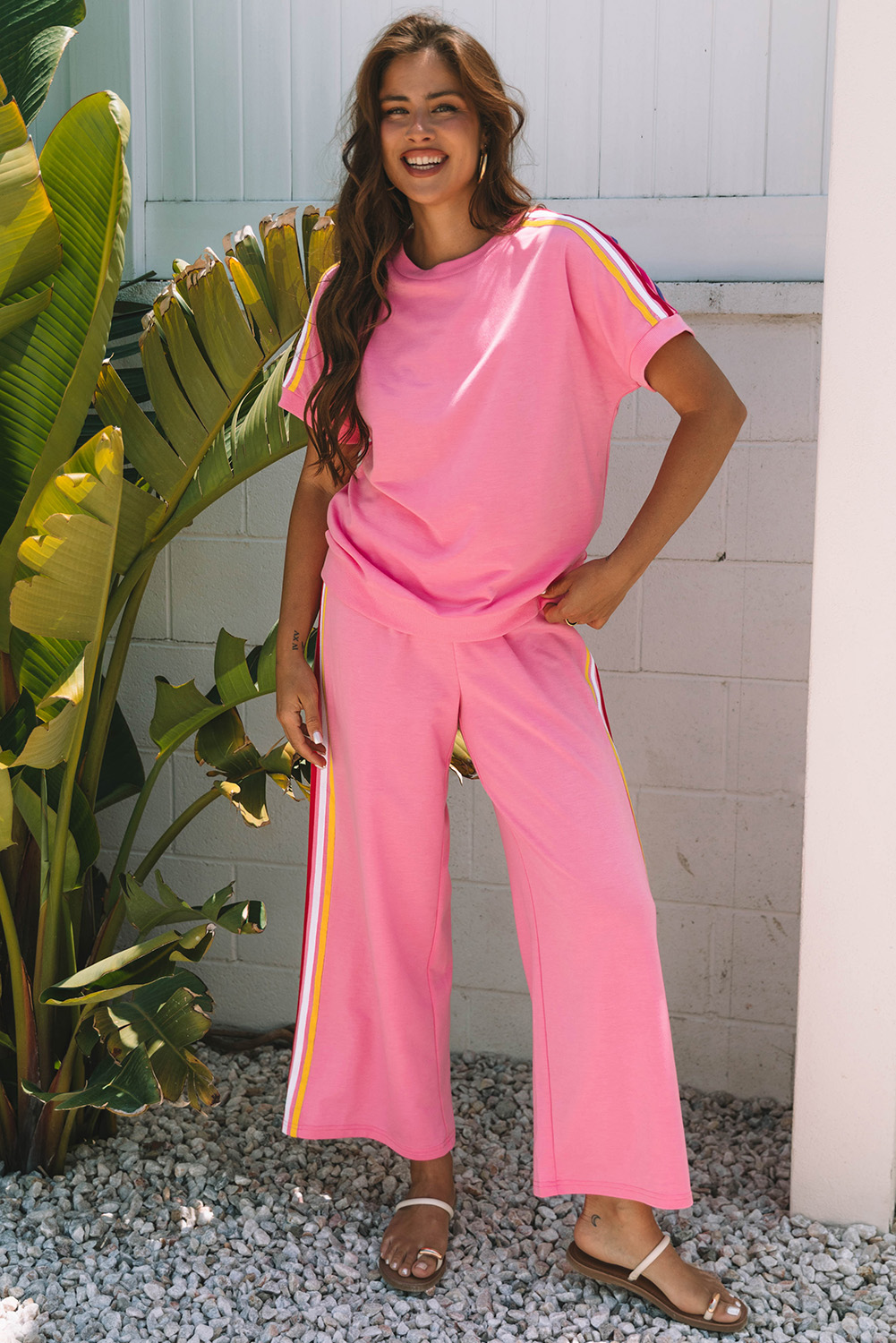 Bonbon Color Contrast Crewneck T Shirt and Wide Leg High Waist Pants Set - loveforevers