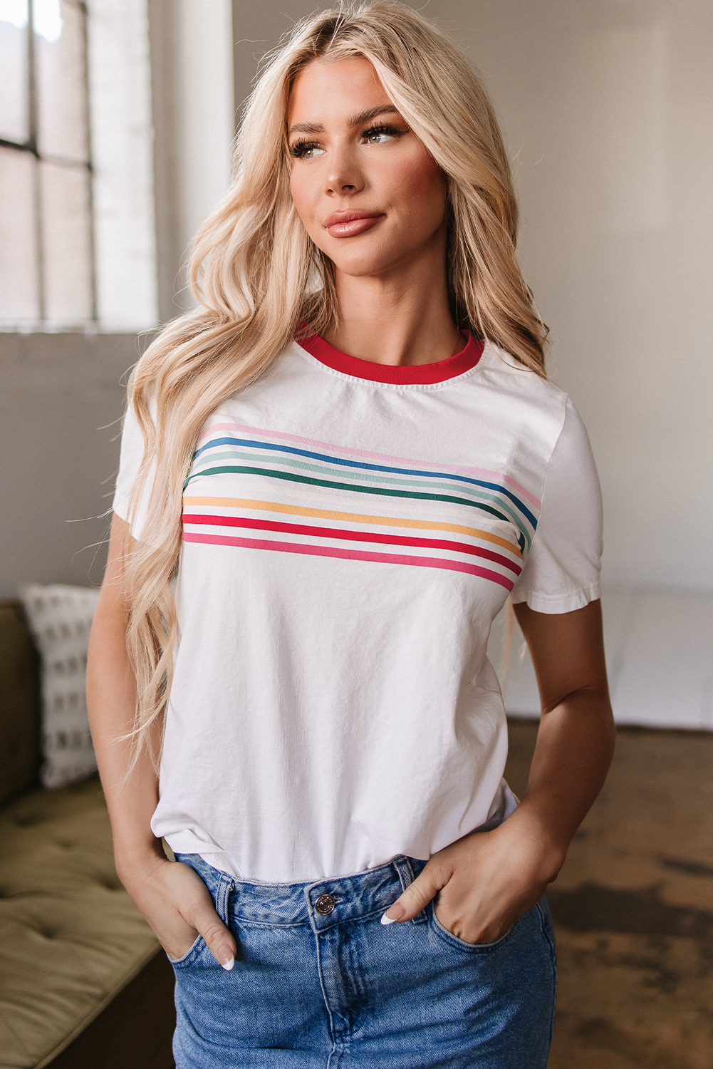 White Rainbow Stripe Print Contrast Crewneck T Shirt - loveforevers