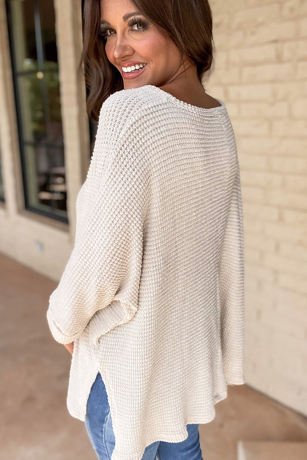 White Waffle Knit Side Slits Loose Fit V Neck Top - loveforevers