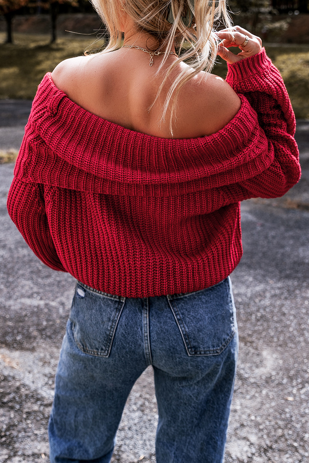Racing Red Off-the-shoulder Knit Sweater - loveforevers