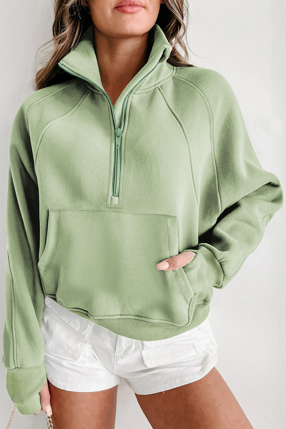 Smoke Green Fleece Lined Zip Up Stand Collar Thumbhole Sleeve Sweatshirt - loveforevers