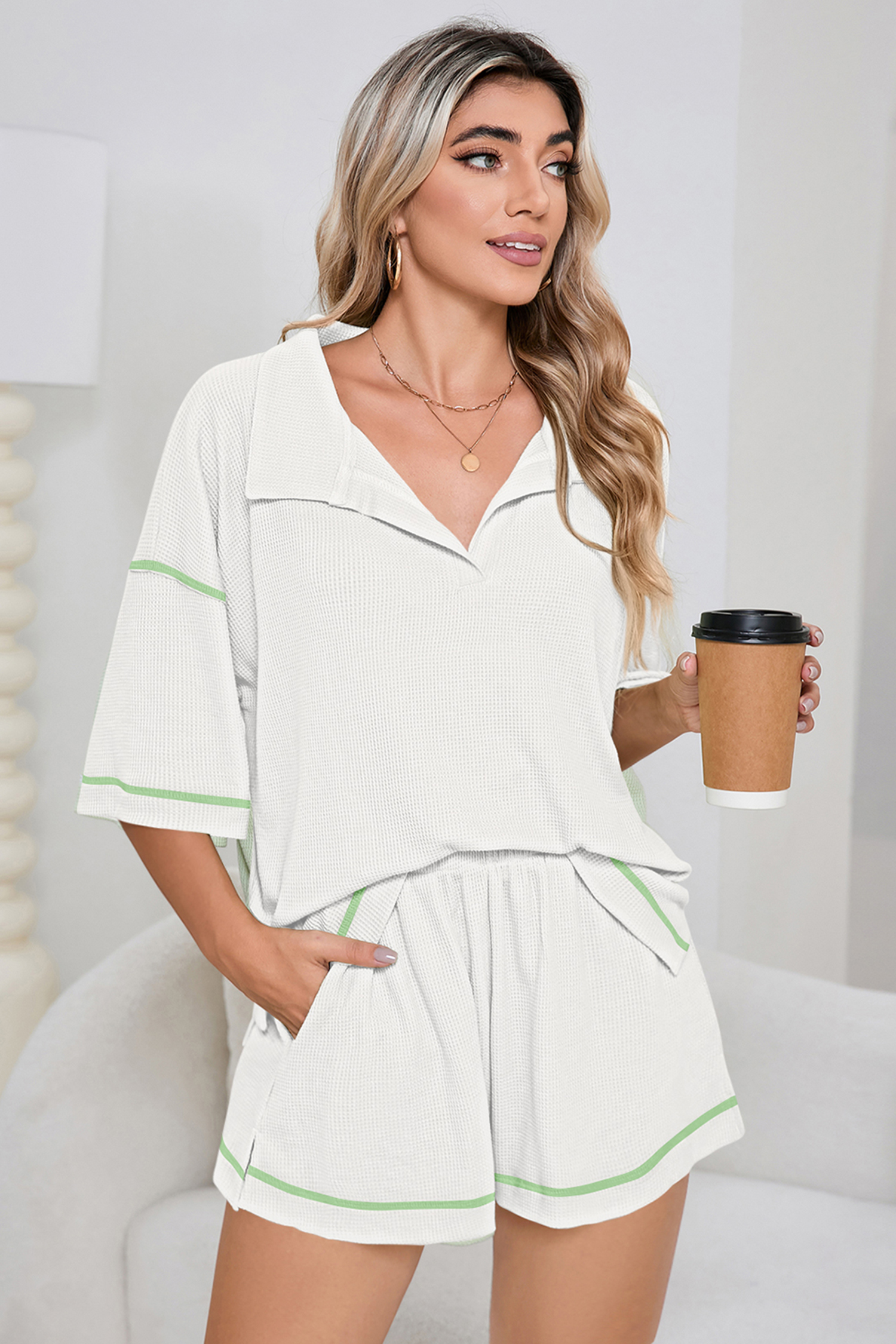 White Breathable Waffle Color Block Trim 2pcs Casual Short Set - loveforevers