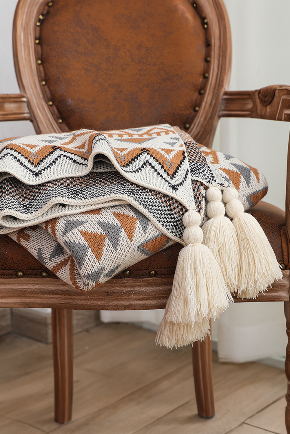 Parchment Geometric Pattern Knit Bohemian Tassel Blanket - loveforevers