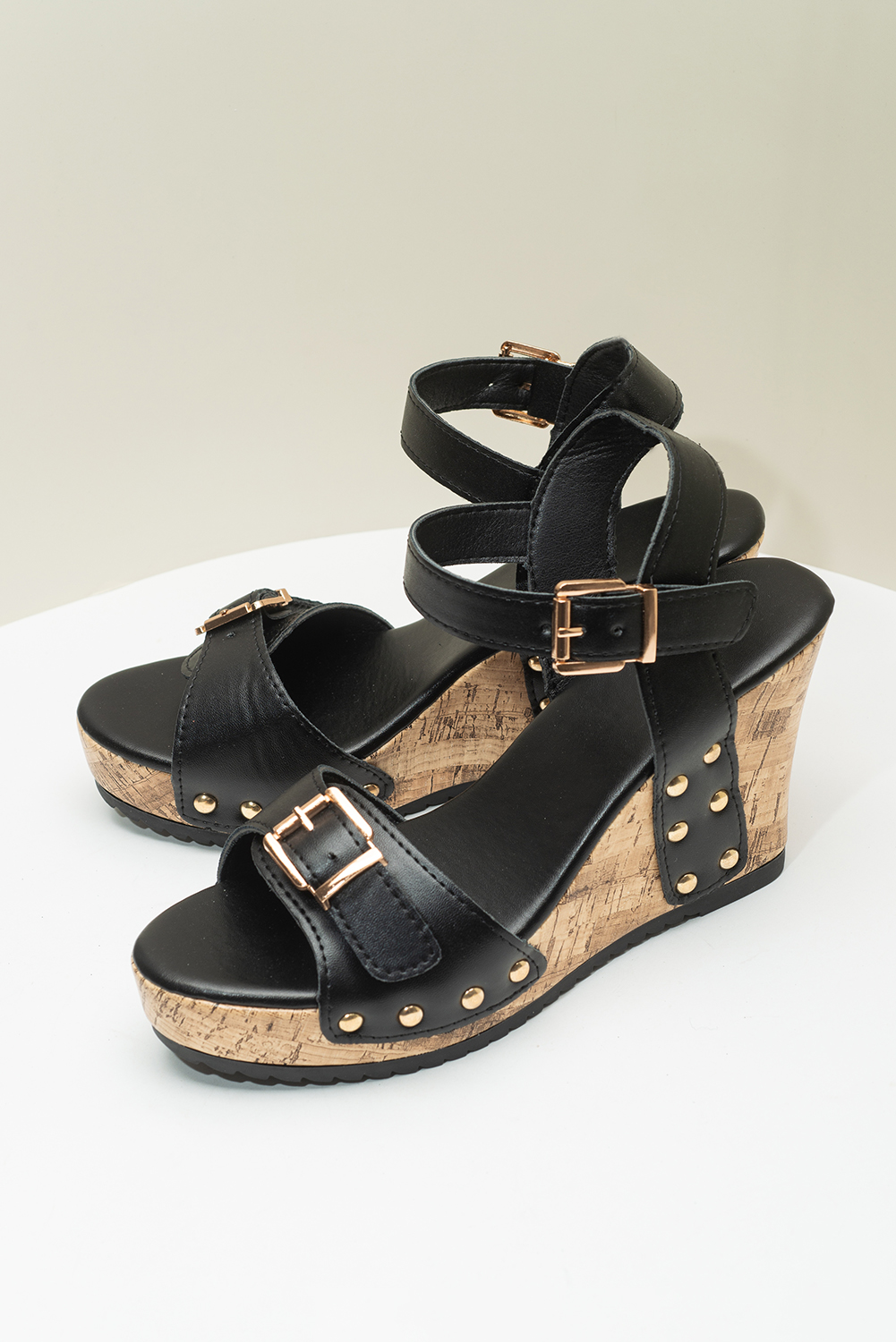 Black Rivet Buckle Closure Wedge Sandals - loveforevers