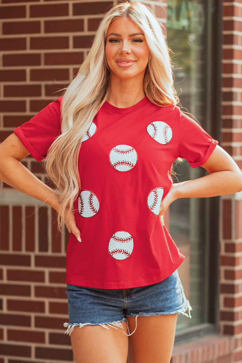 Red Glittering Rugby Pattern Crew Neck Game Day T Shirt - loveforevers