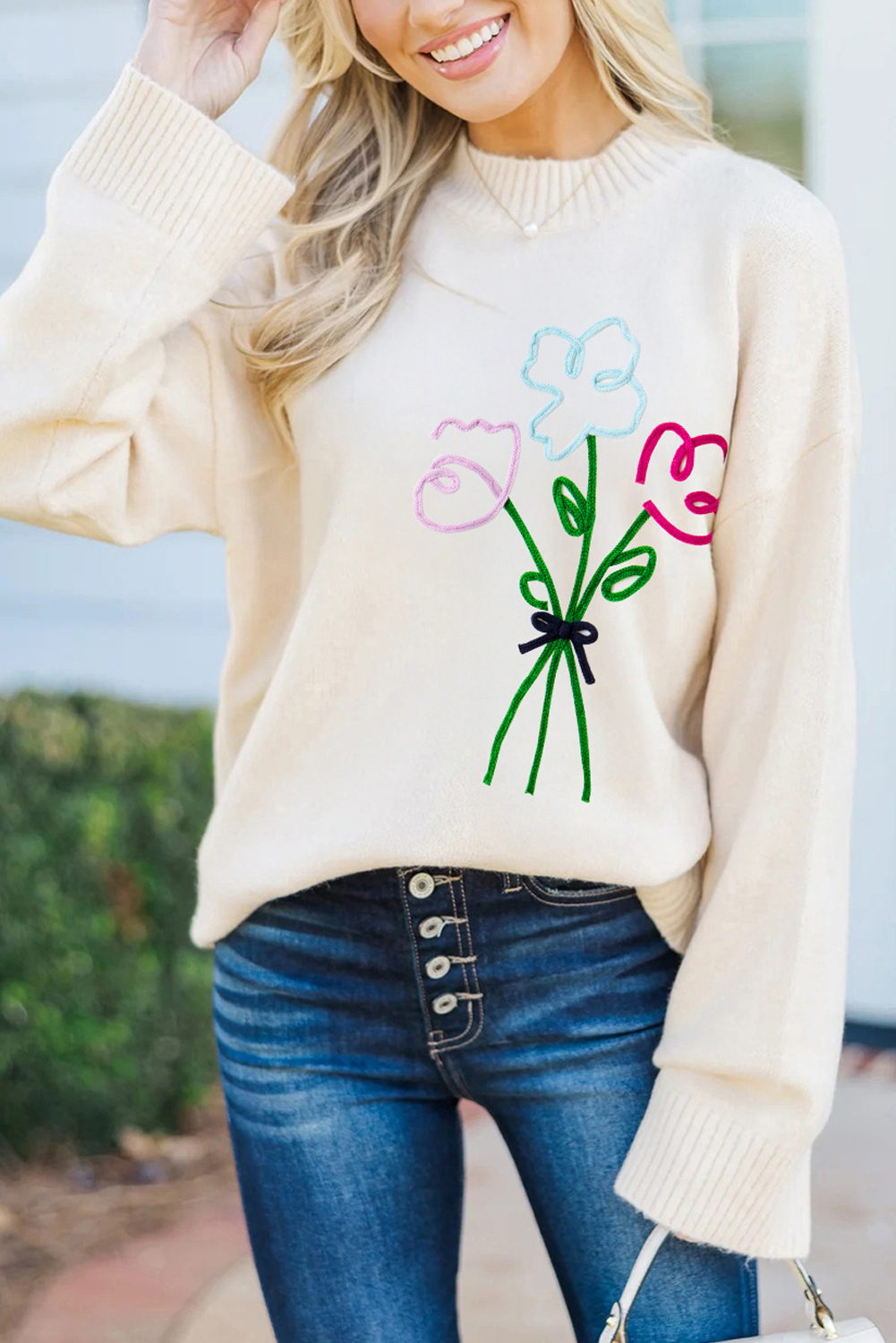 White Embroidered Flower Bouquet Ribbed Trim Loose Sweater - loveforevers