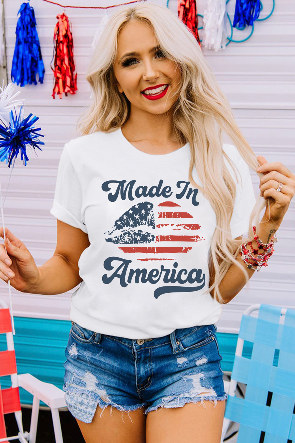 White Made in America Lip Printed O Neck T Shirt - loveforevers