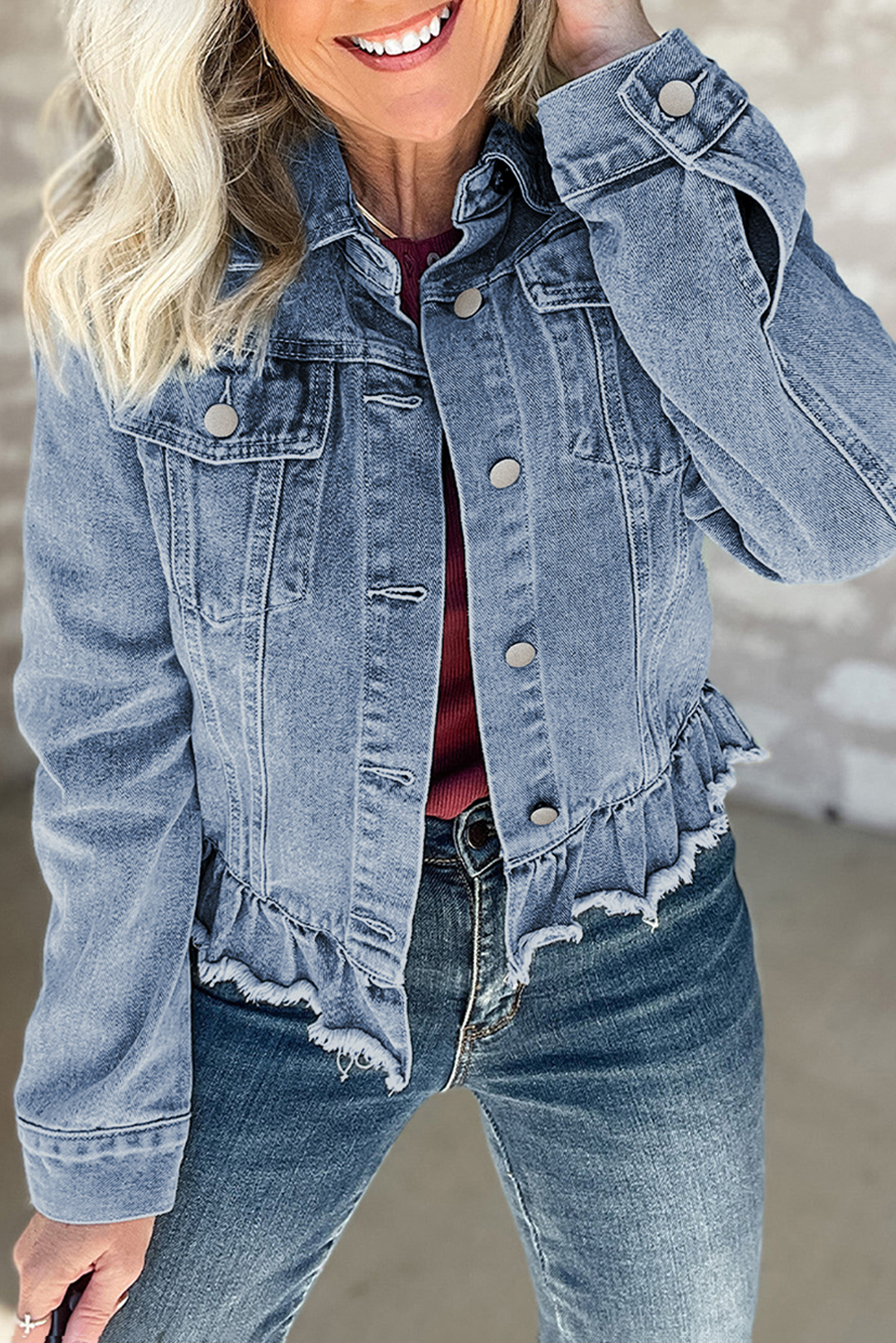 Beau Blue Ruffle Raw Hem Flap Pockets Denim Jacket - loveforevers