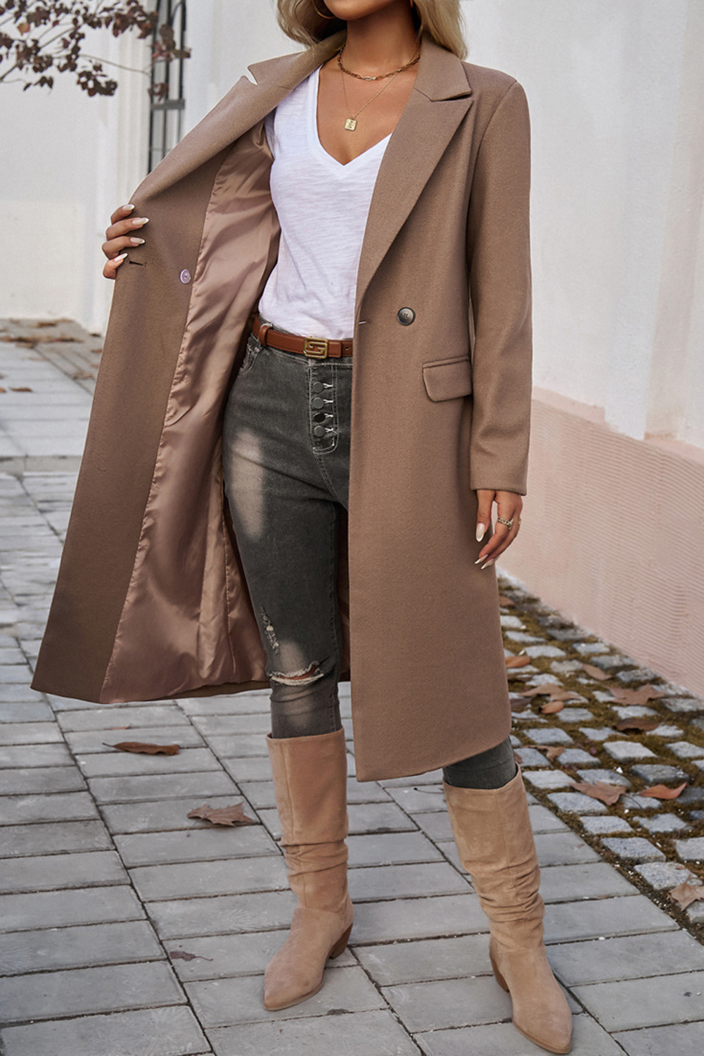 Dark Khaki Single Breasted Lapel Collar Flap Pocketed Overcoat - loveforevers