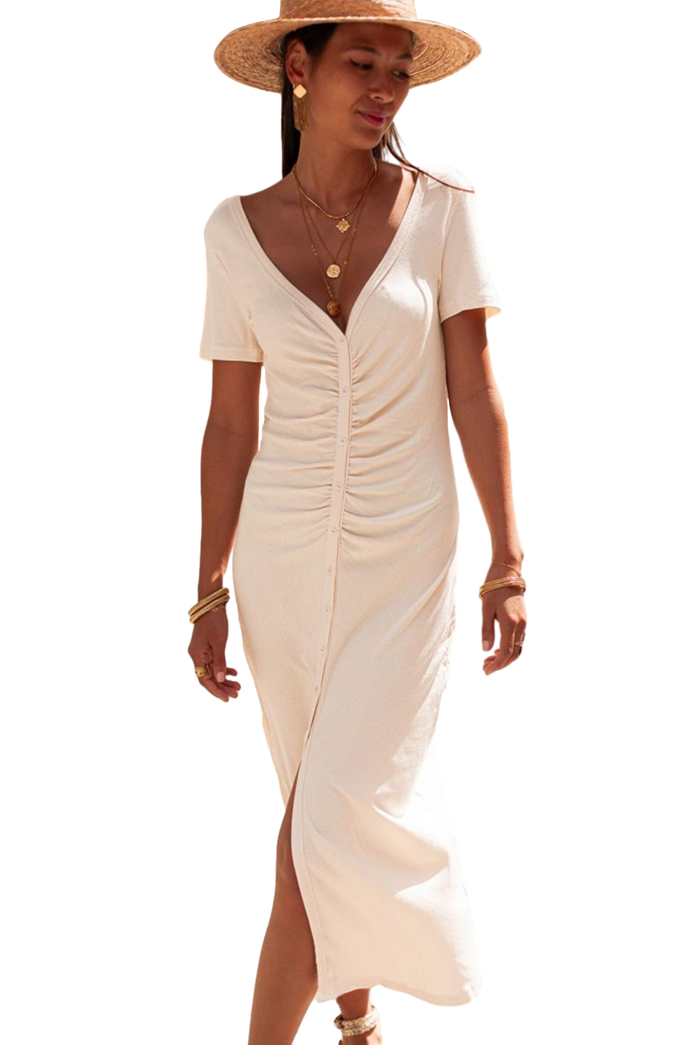 Beige V Neck Ruched Button Front French T-shirt Dress - loveforevers