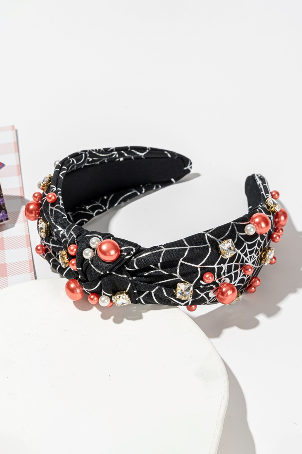 Black Pearled Rhinestone Knotted Spiderweb Halloween Headband - loveforevers