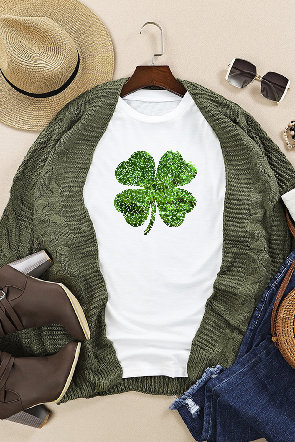 Black St. Patricks Lucky Clover Print O Neck T Shirt - loveforevers