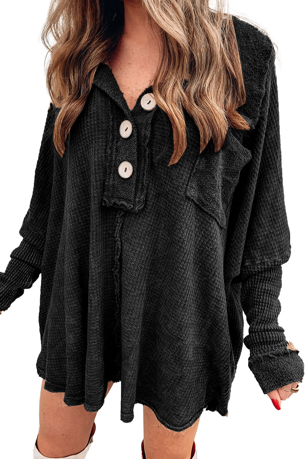 Brown Waffle Knit Buttoned Long Sleeve Top - loveforevers
