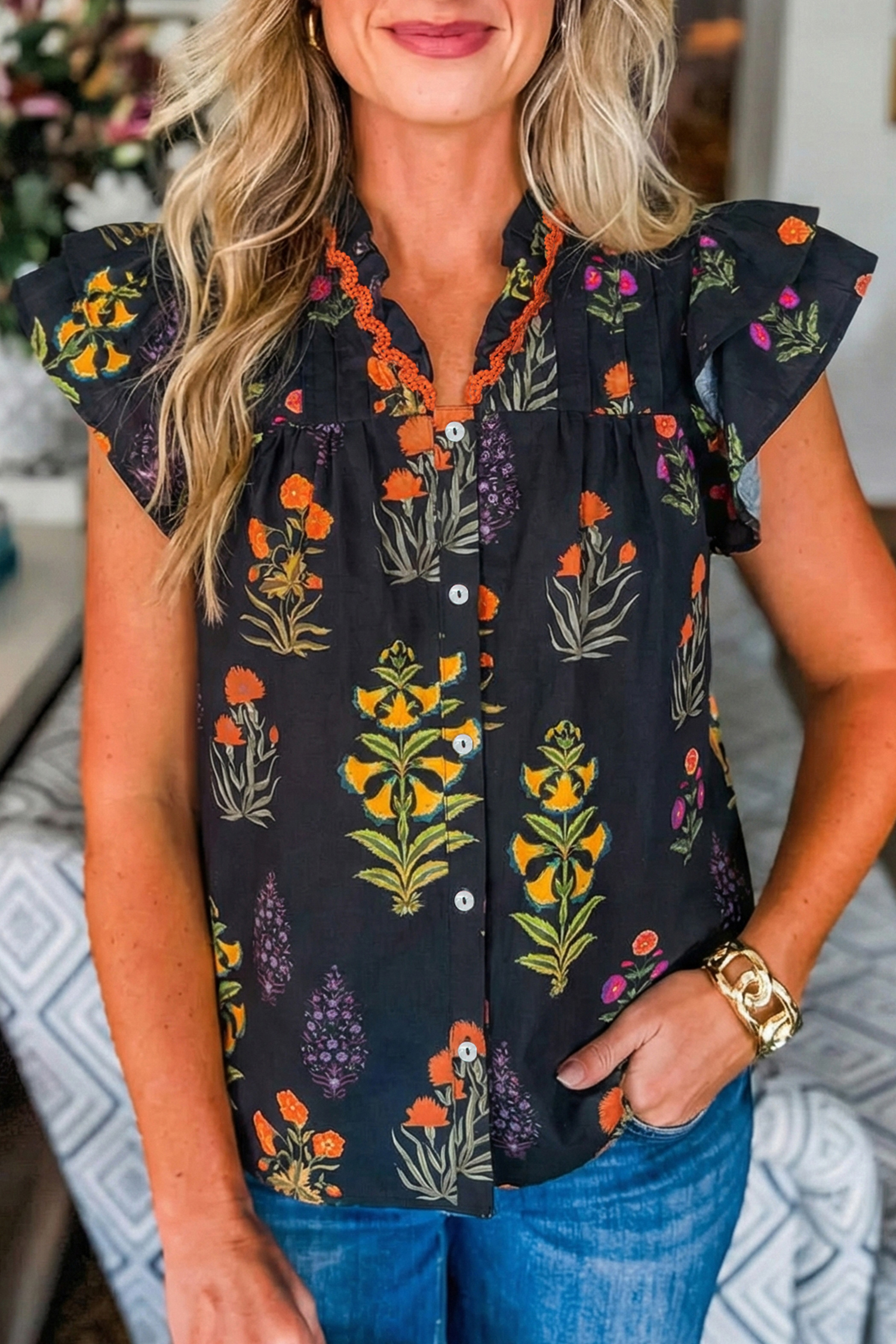 Black Floral Print Lace Trim Frilled V Neck Short Sleeve Shirt - loveforevers