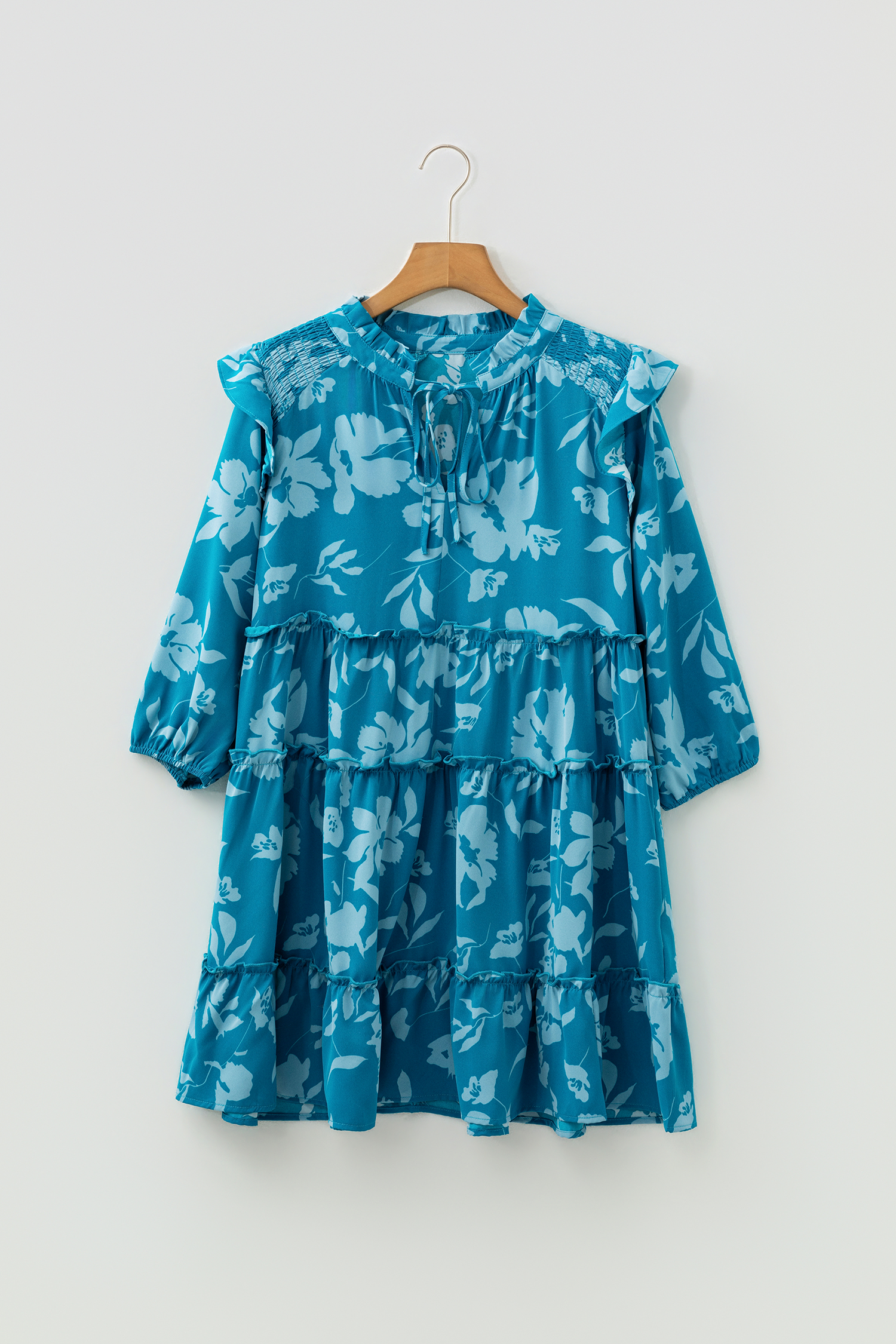 Blue Flower Half Sleeve Tiered Ruffled Mini Dress - loveforevers