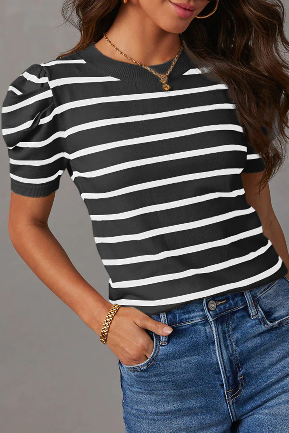 Blue Stripe Ribbed Trim Round Neck Bubble Sleeve Knitted Top - loveforevers