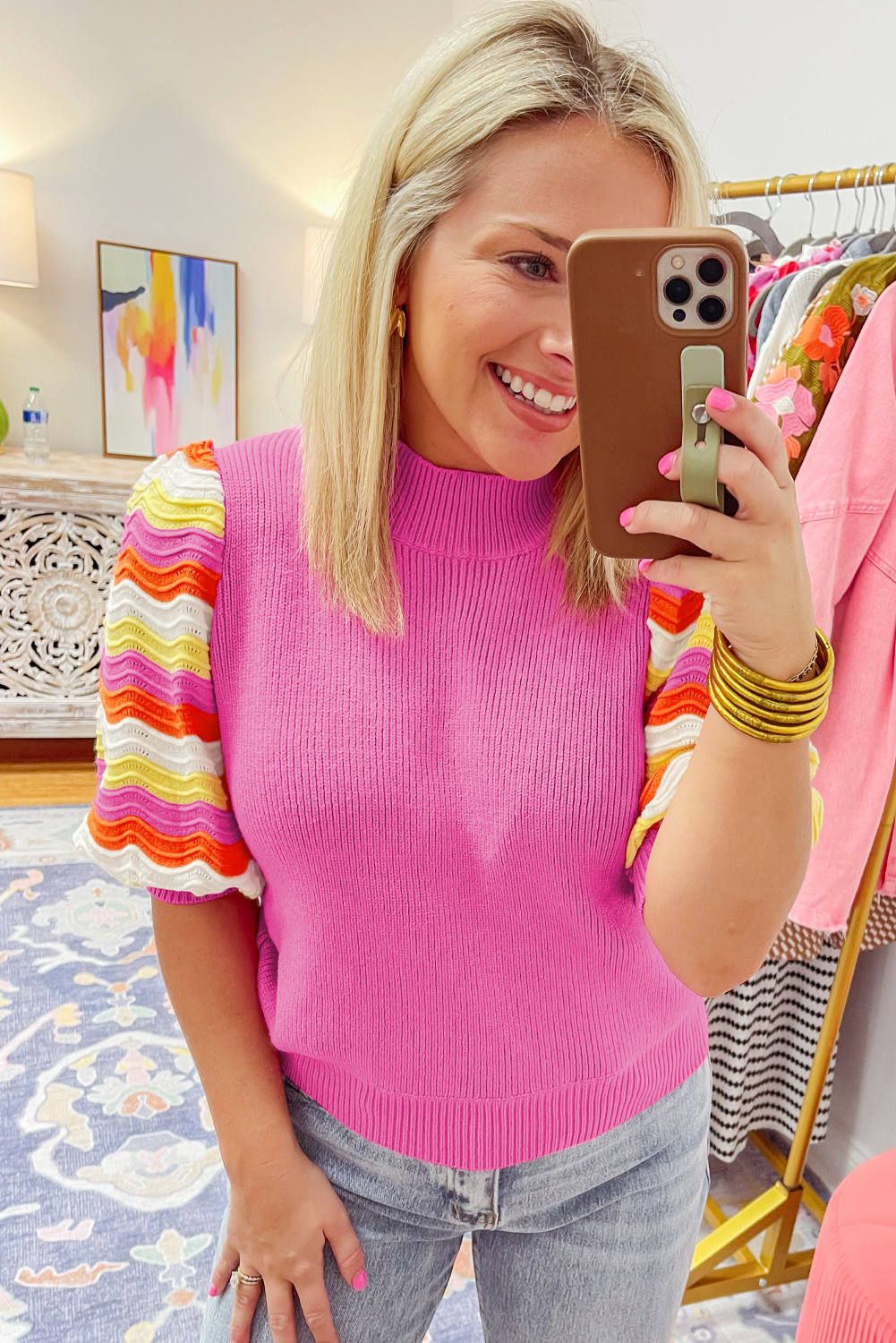 Pink Ribbed Knit Contrast Sleeve Sweater Top - loveforevers