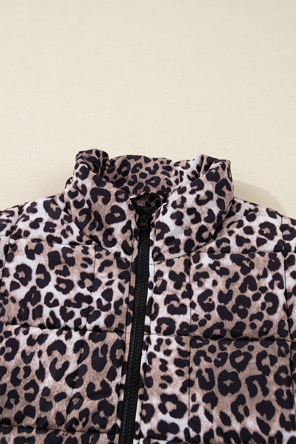 Brown Leopard Quilted Full Zipper Casual Puff Vest - loveforevers
