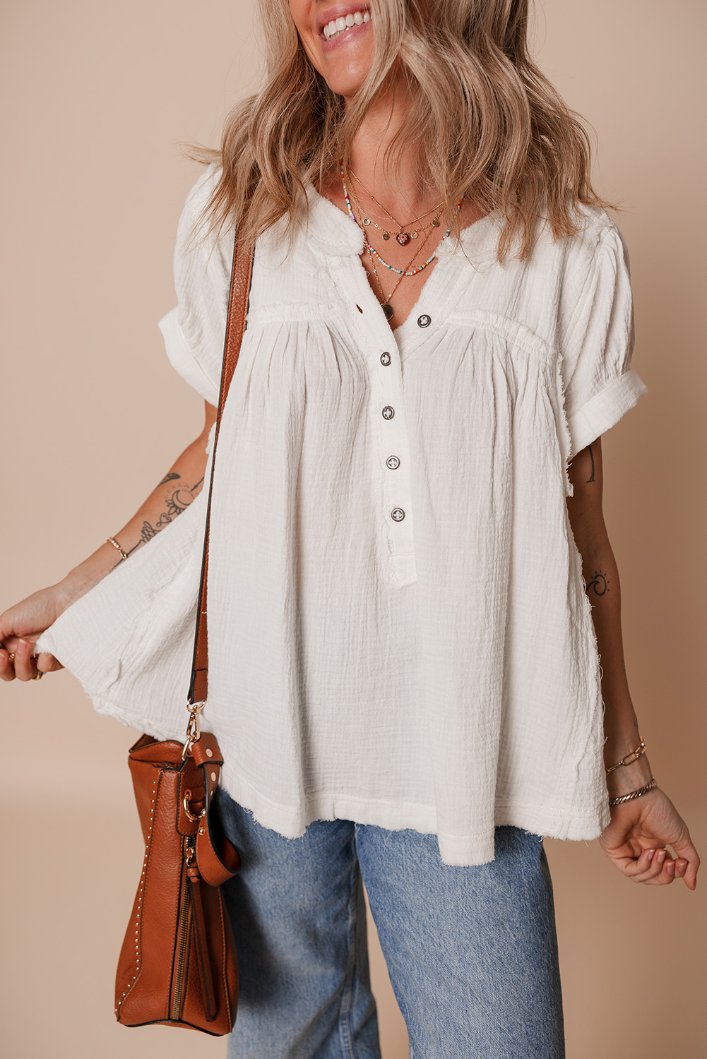 White Textured Short Sleeve Buttons Frayed Blouse - loveforevers