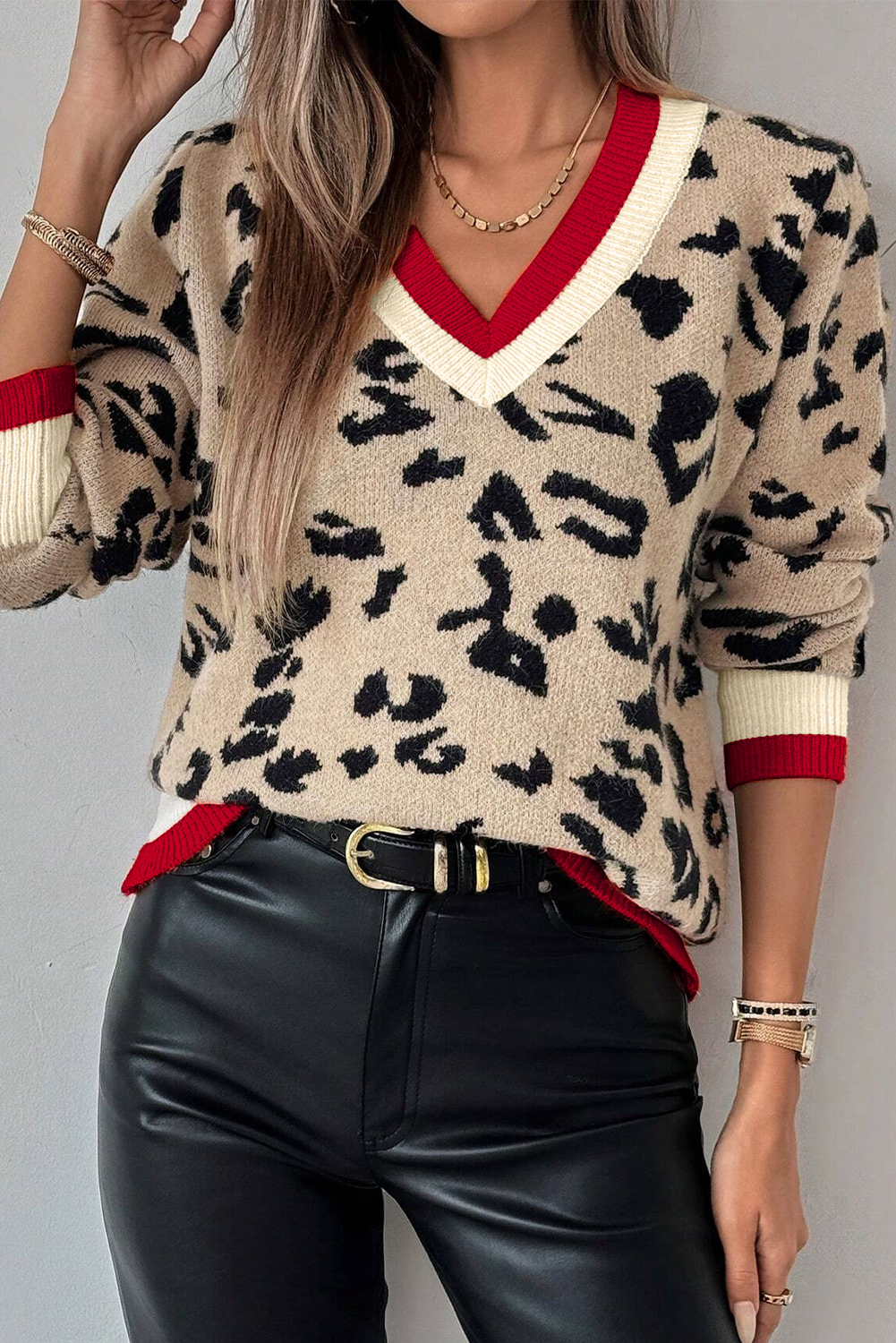 Khaki Leopard Pattern V-Neck Contrast Rib Knitted Sweater - loveforevers