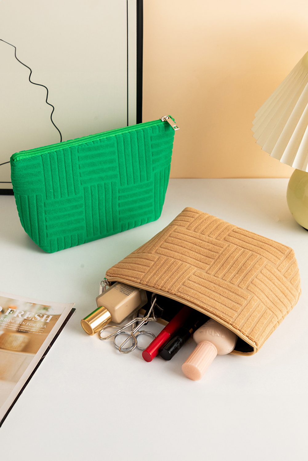 Dark Green Textured Woven Pattern Zipper Cosmetic Bag - loveforevers