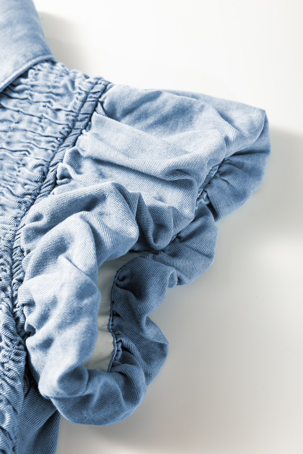 Beau Blue Flutter Sleeve Shirred Detail Button Up Denim Mini Dress - loveforevers