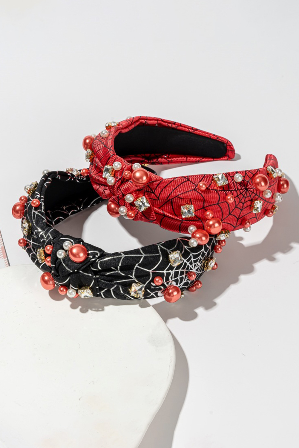 Black Pearled Rhinestone Knotted Spiderweb Halloween Headband - loveforevers