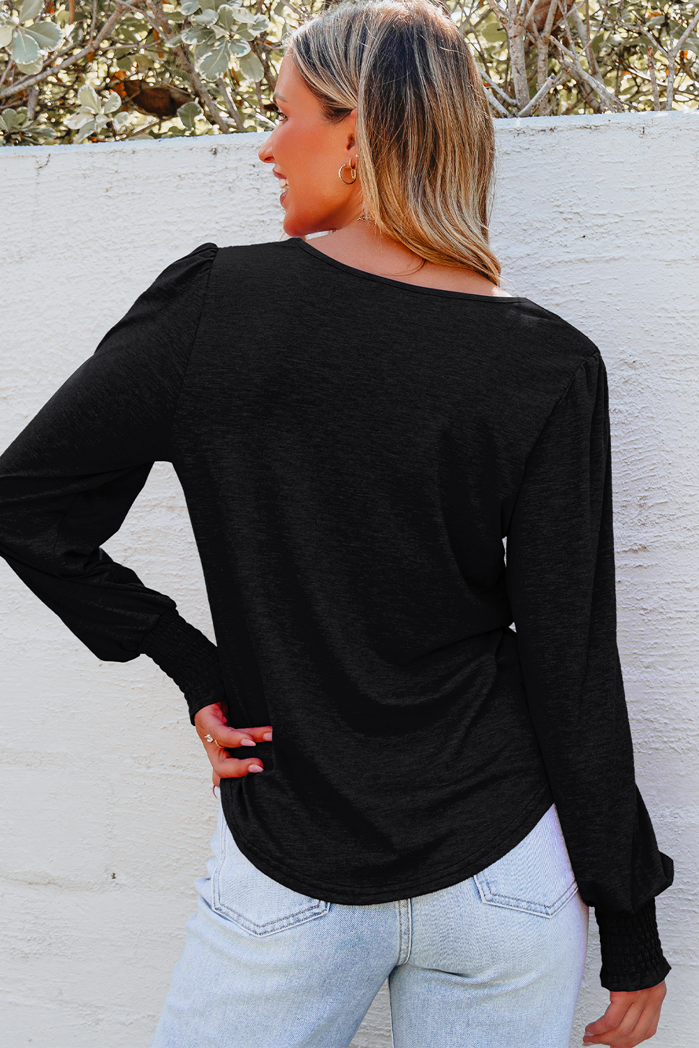 Beige Shirred Shoulder Frilled Cuffs Long Sleeve Top - loveforevers