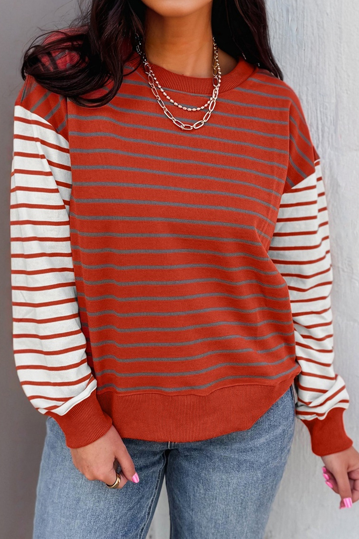 Orange Stripe Contrast Sleeve Patchwork Drop Shoulder Long Sleeve Sweatshirt - loveforevers