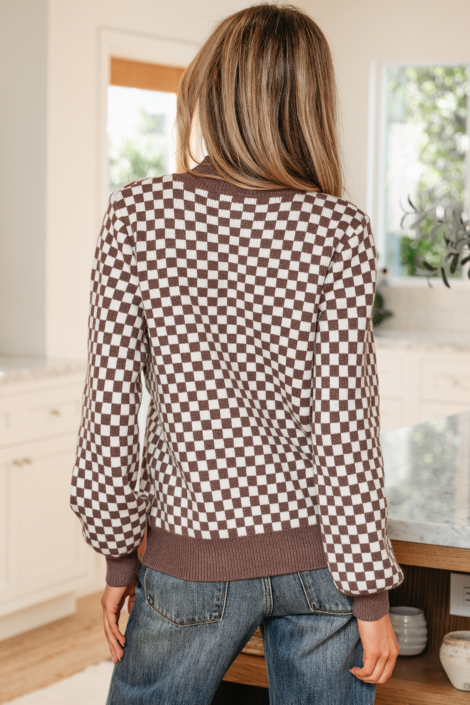 Dark Brown Half Button Ribbed Trim Checkerboard Knit Sweater - loveforevers