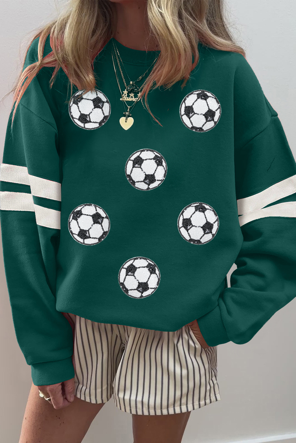 Evergreen Soccer Football Sequin Patched Graphic Oversized Varsity Sweatshirt - loveforevers