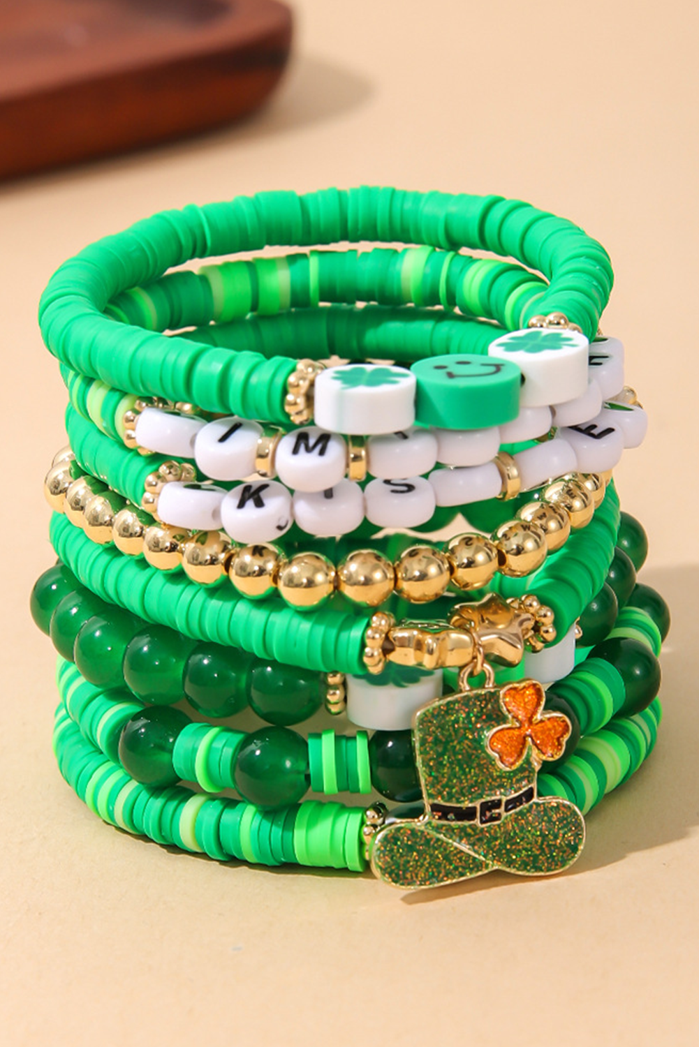 Green St Patricks Shamrock Letter Beaded Multi Layer Bracelet Set - loveforevers