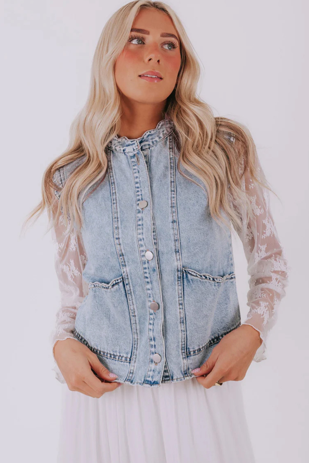 Beau Blue Scalloped Trim Patch Pocket Button Front Denim Vest - loveforevers