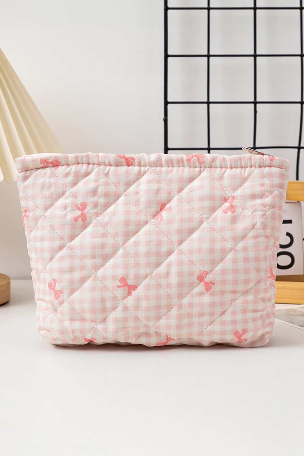 White Bow Knot Print Zipper Quilted Large Cosmetic Bag - loveforevers