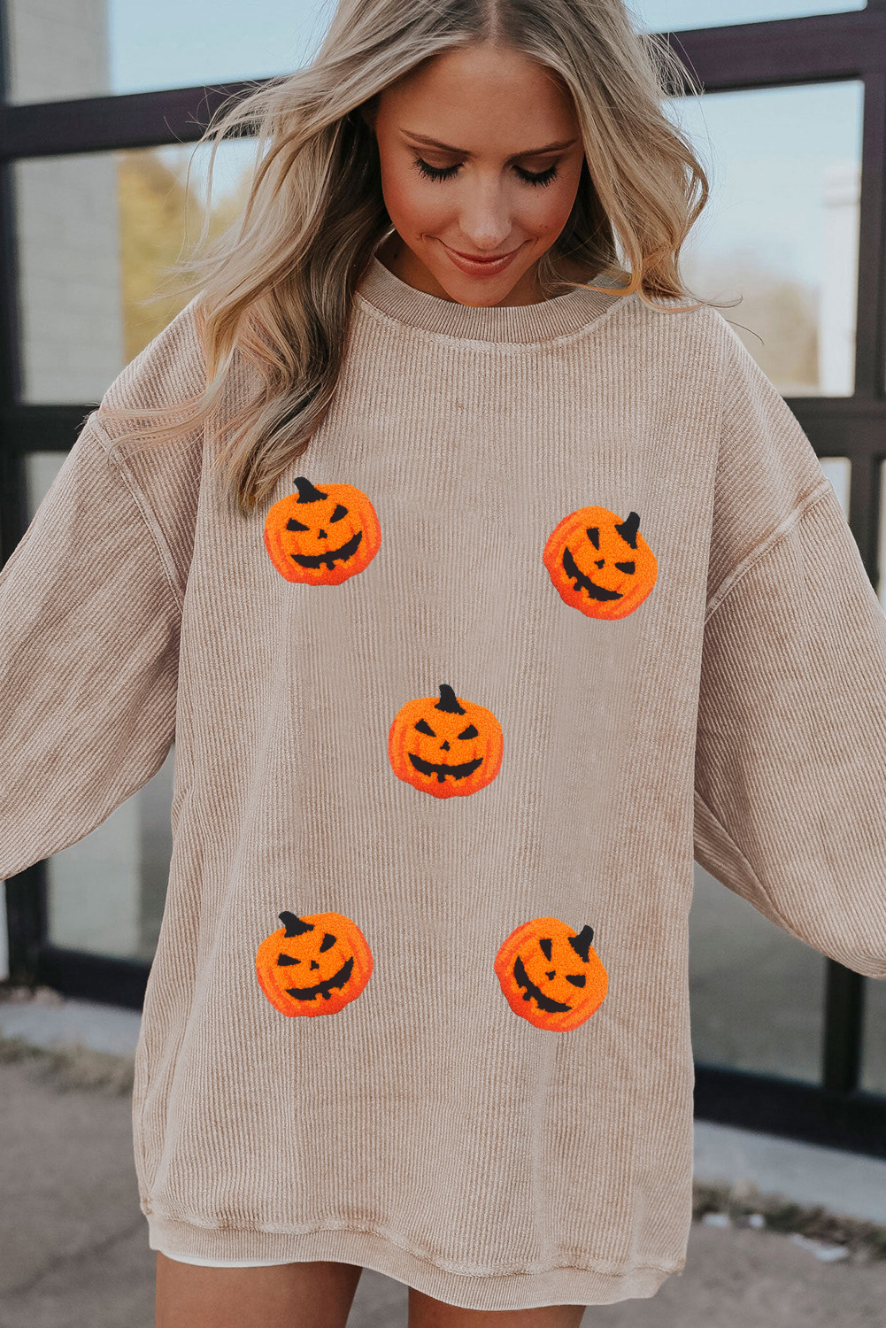Apricot Twisted Rib Texture Chenille Halloween Pumpkin Patched Drop Shoulder Sweatshirt - loveforevers