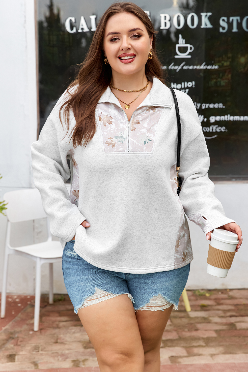 Gray Camo Leaves Patchwork Zipped Collar Pullover Plus Size Sweatshirt - loveforevers