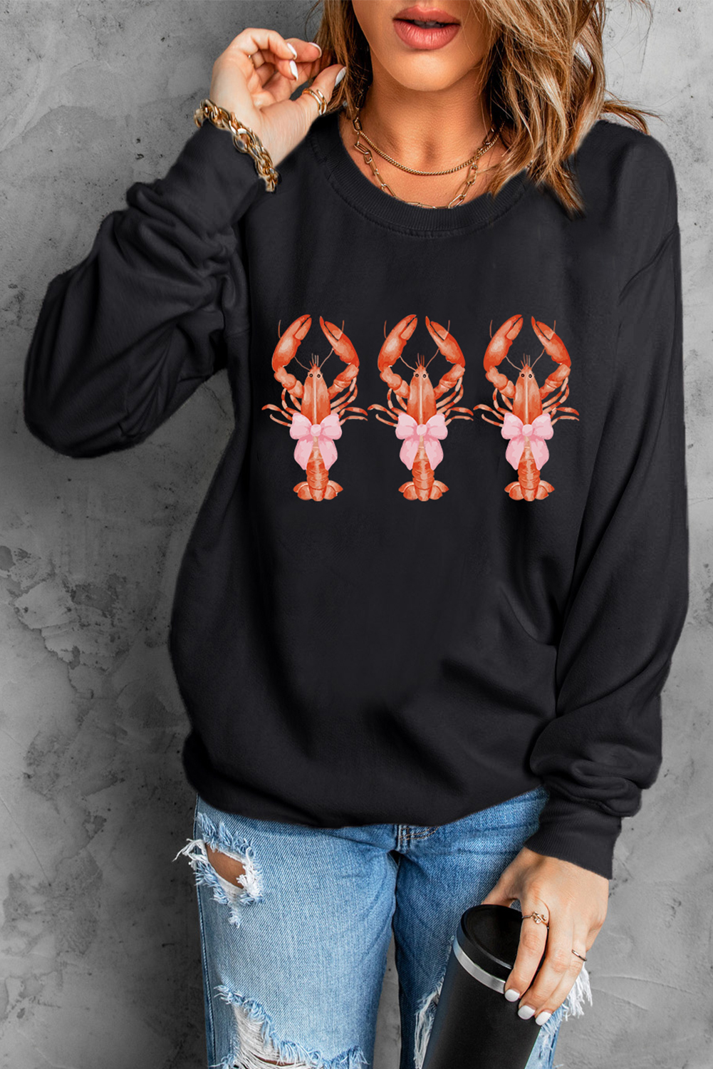 Black Cute Bow Crawfish Printed Drop Shoulder Sweatshirt - loveforevers
